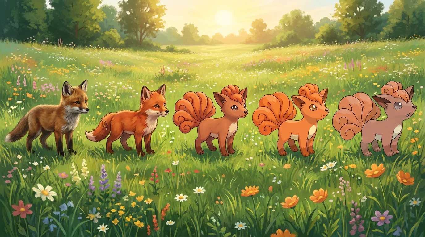 A red fox kit turning into Vulpix