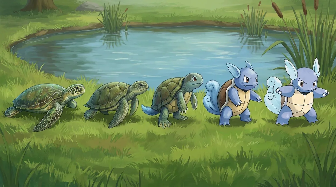 A green sea turtle turning into Wartortle