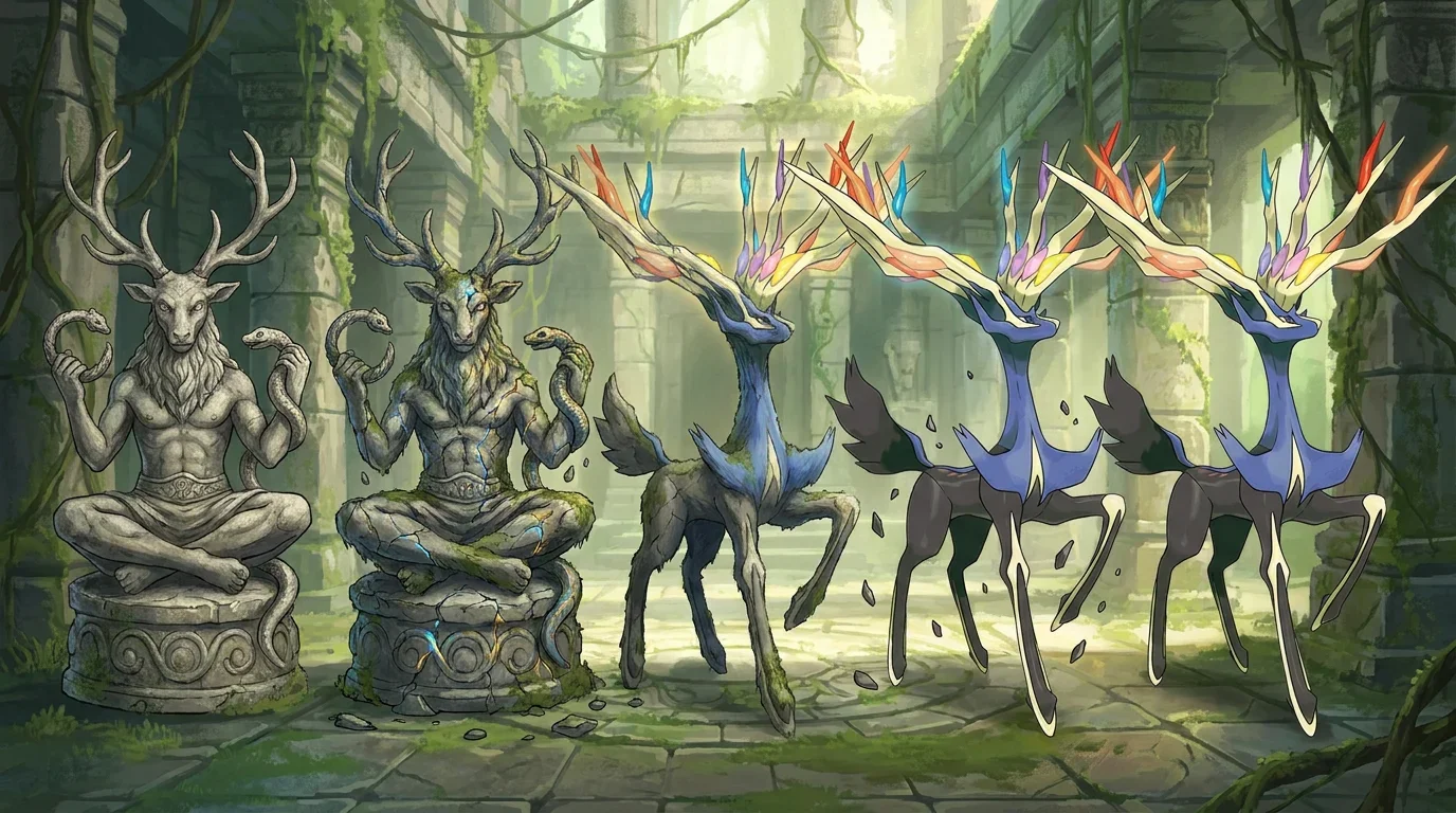 A stone statue of cernunnos turning into Xerneas