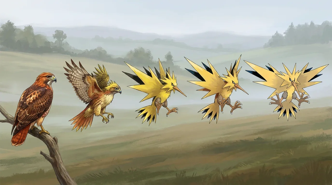 A red tailed hawk turning into Zapdos