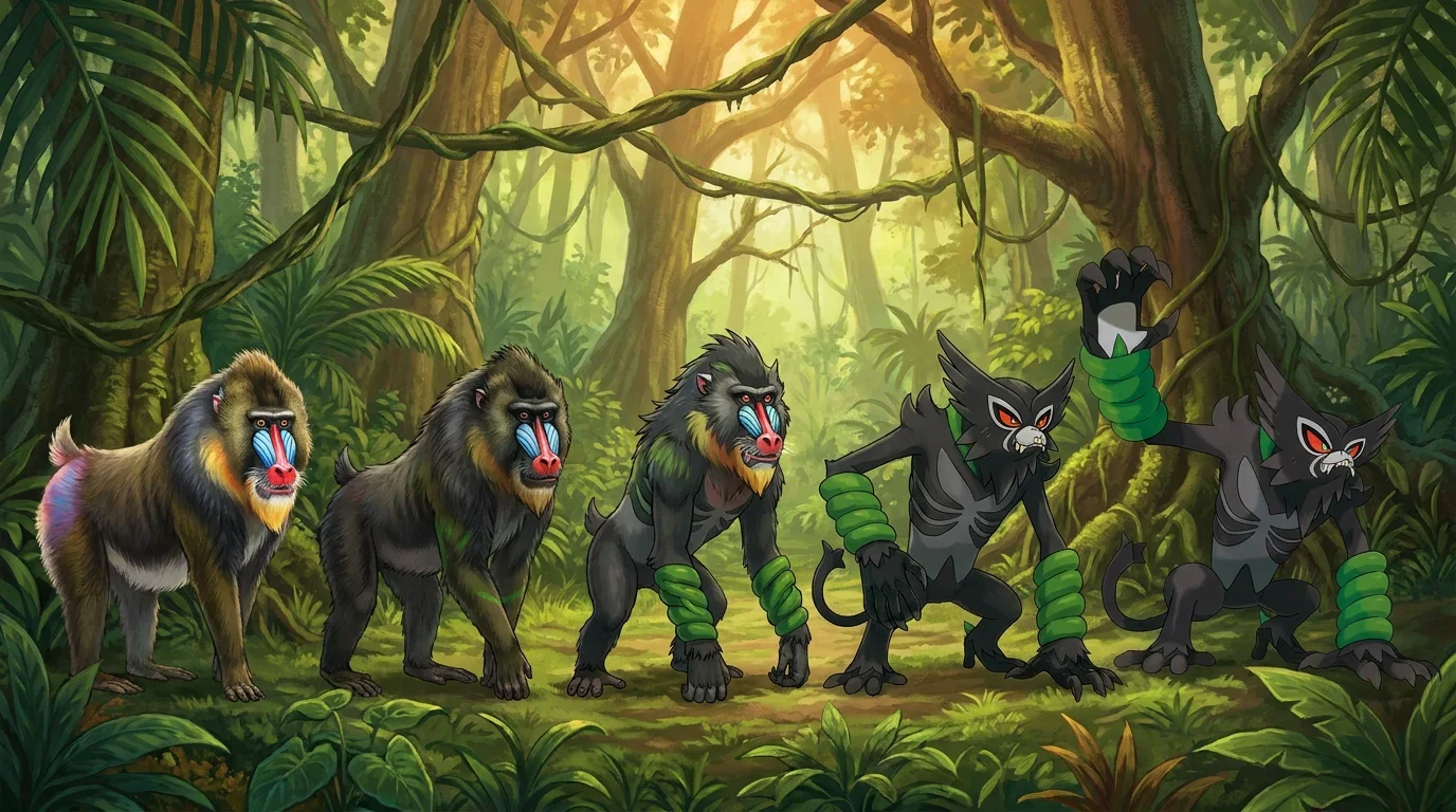 A mandrill baboon turning into Zarude