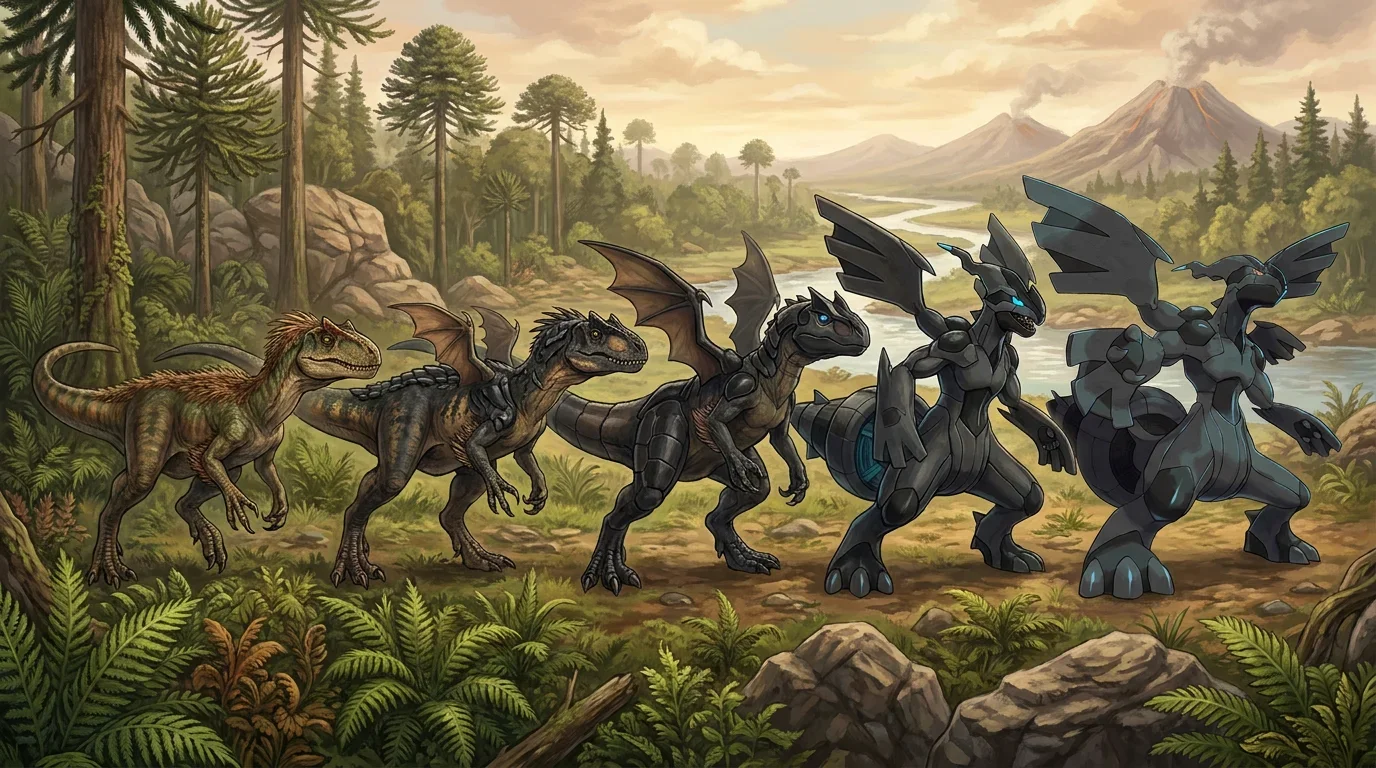 A allosaurus theropod turning into Zekrom
