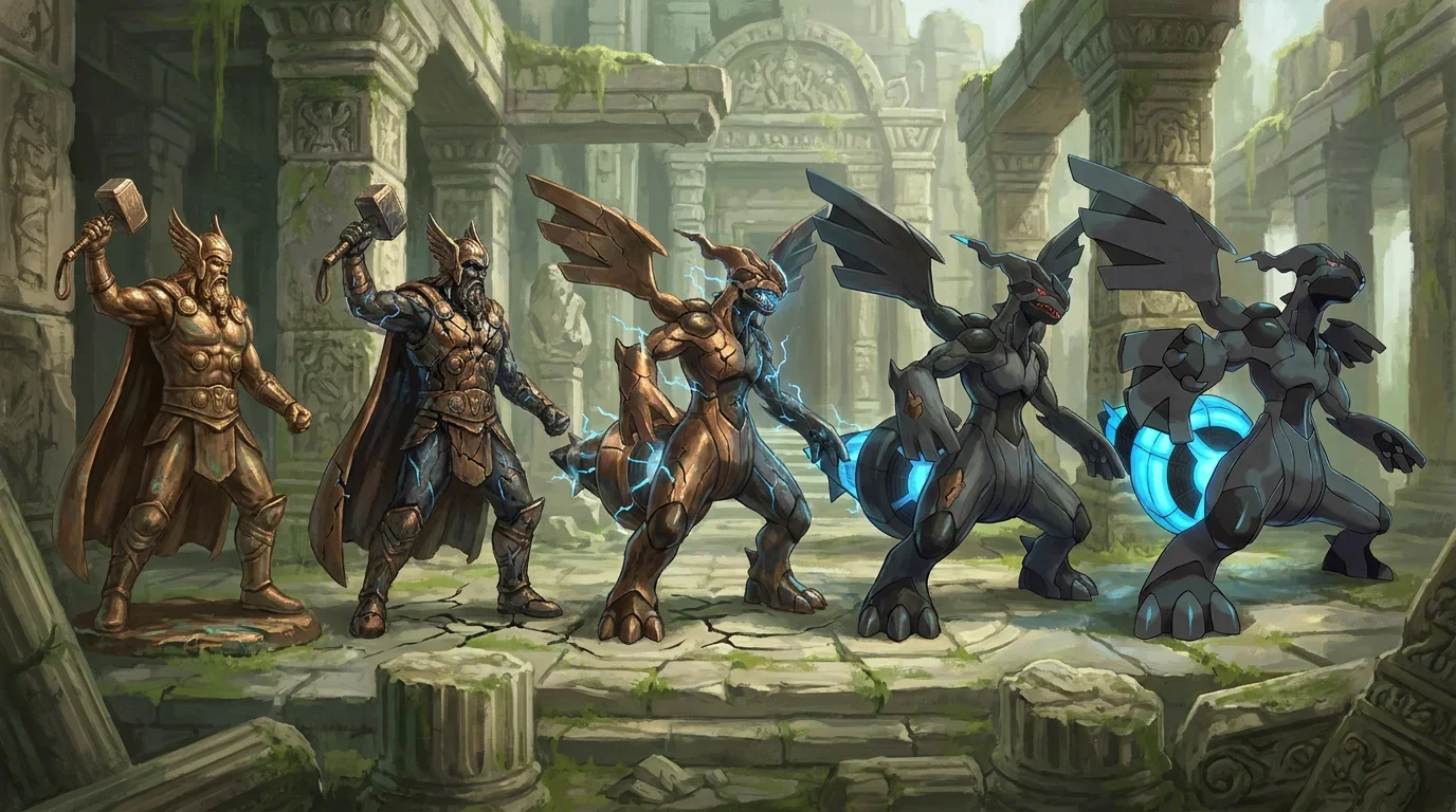 A bronze statue of thor turning into Zekrom