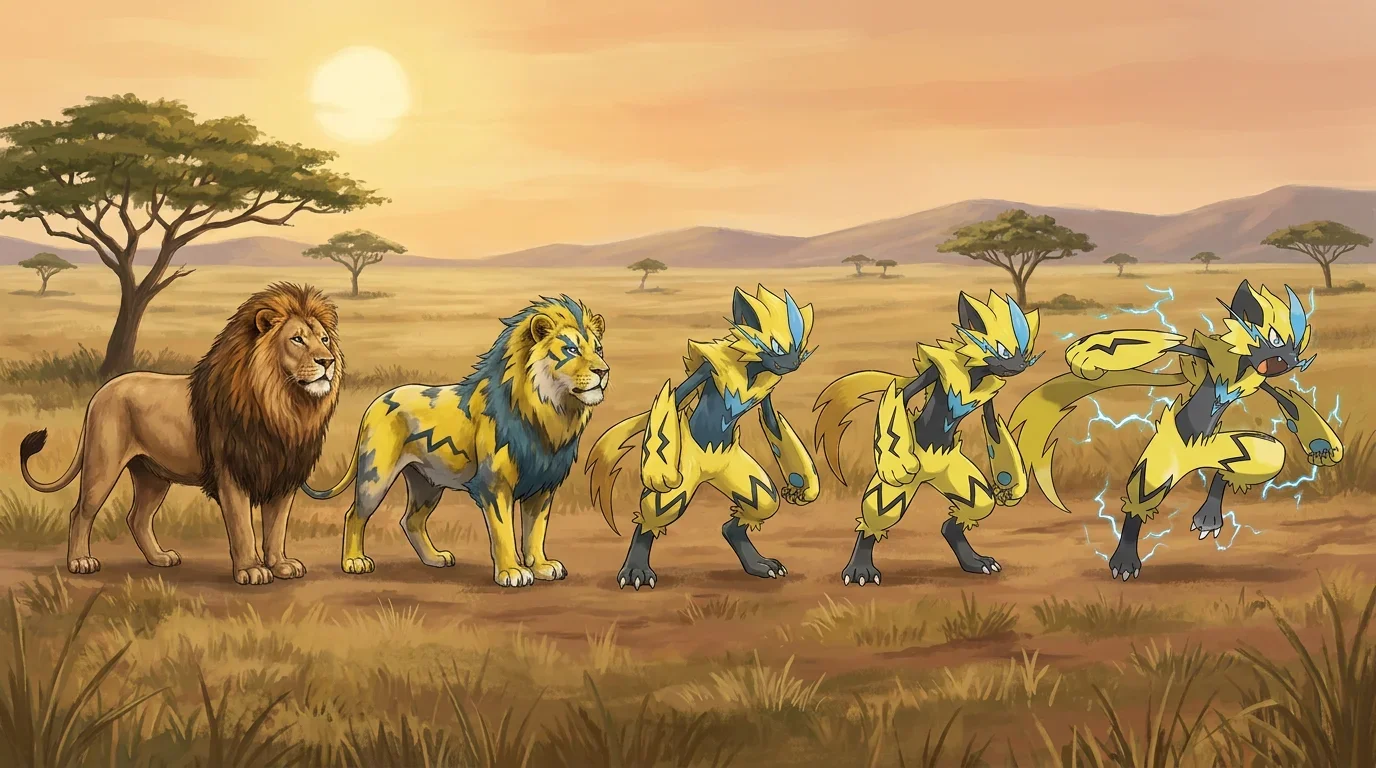 A african lion turning into Zeraora