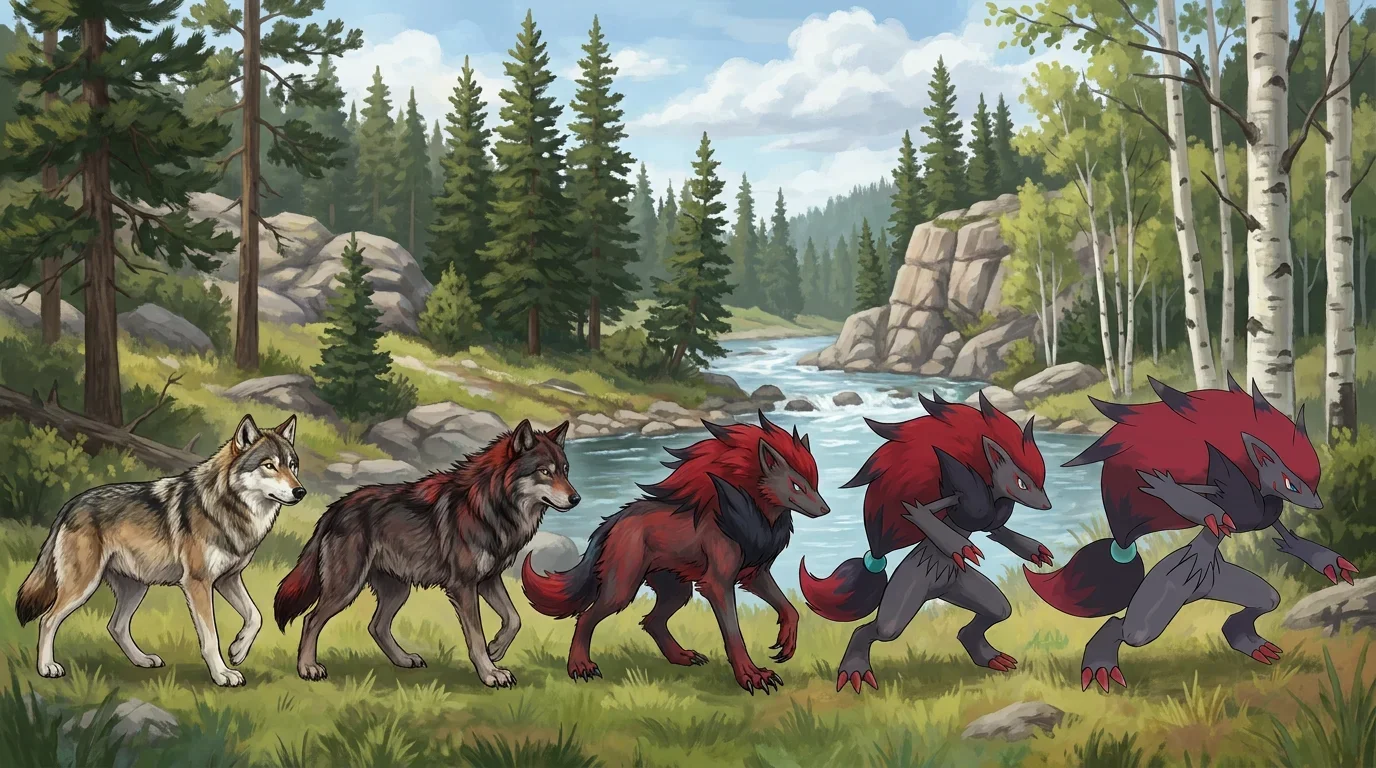 A adult timber wolf turning into Zoroark