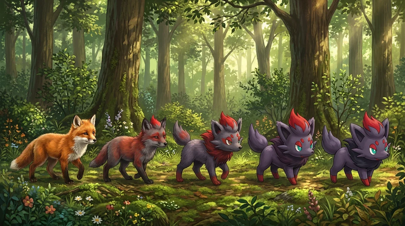 A red fox kit turning into Zorua