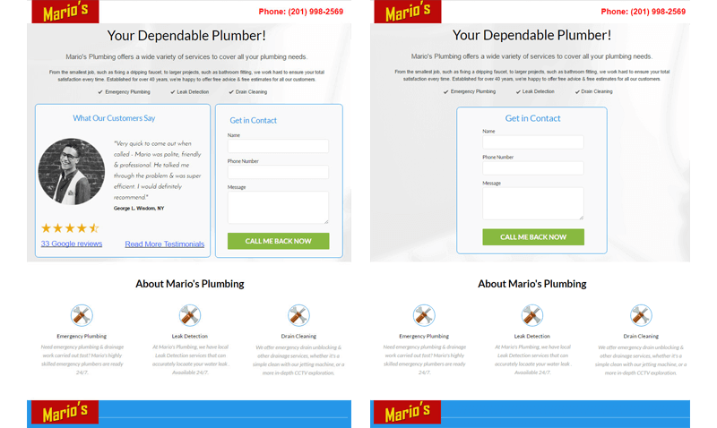 landing pages with and without online reviews
