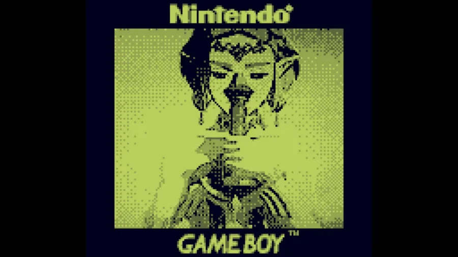 Pixelated footage of the Tears of the Kingdom trailer, shot with a Game Boy Camera.