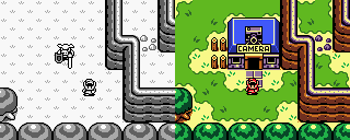 The same screen in the original and in DX: an empty field with one Moblin, then the camera shop