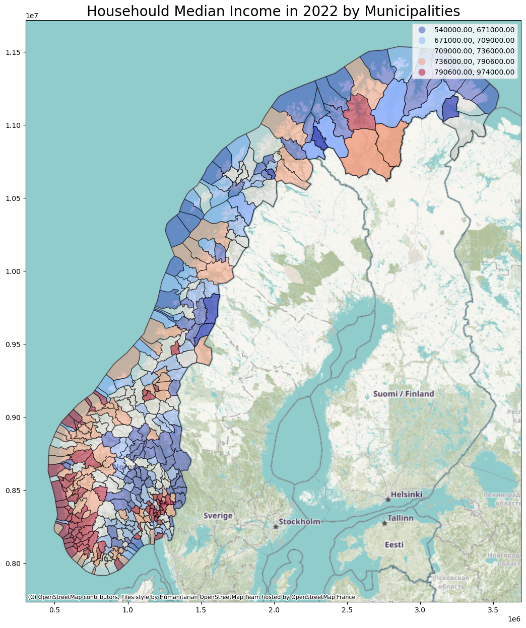 Norwegian Household Median Income per Municipality with Base Map