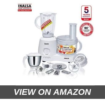 Inalsa Food Processor Fiesta 650-Watt with Break Resistant Processing Bowl, Blender, Dry Grinding Jar, 8 Accessories (White Grey)