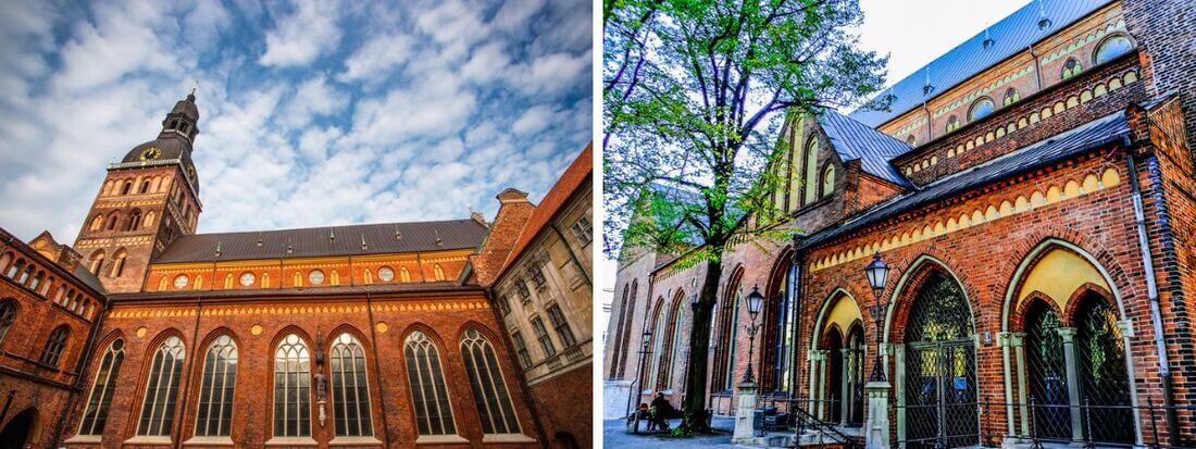 Two exterior views of the Riga Cathedral, showing its tall clock tower, red brick walls, and arched windows