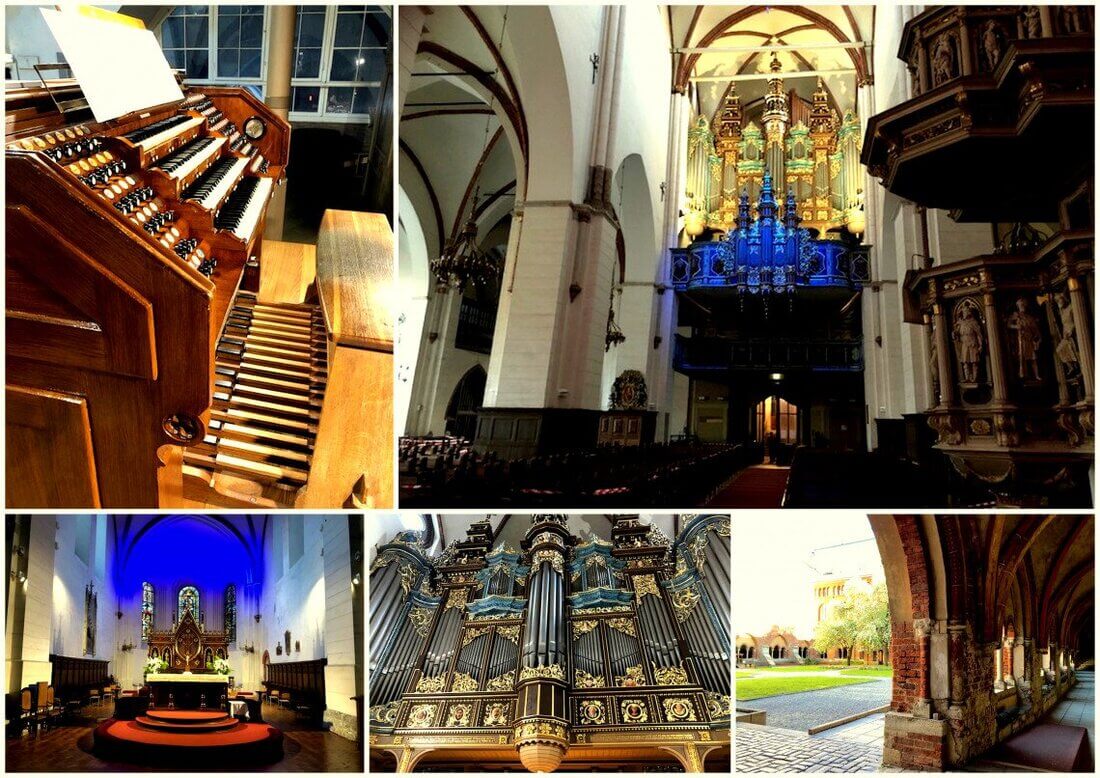 A collage showing the interior of the Riga Cathedral, featuring a pipe organ console, a large pipe organ, an altar, and a stone cloister.