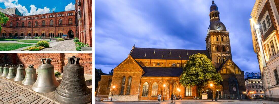 A collage featuring the brick courtyard, historical bells, and the illuminated exterior of the Riga Cathedral at dusk.