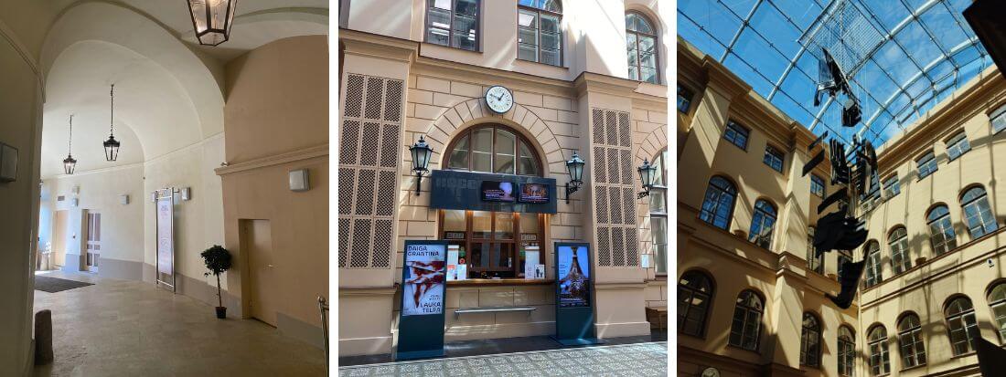 Three views of the Art Museum Riga Bourse indoor courtyard, showing a hallway, a ticket counter with posters, and a glass-roofed atrium with a hanging sculpture.