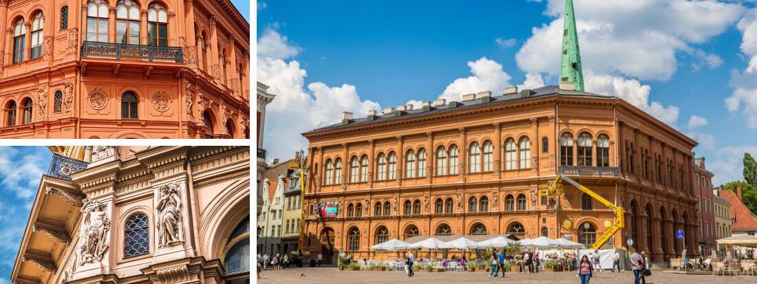 A collage of the Art Museum Riga Bourse building, showing close-ups of its historic orange architectural details alongside a wide view of the facade, plaza, and outdoor cafe seating.