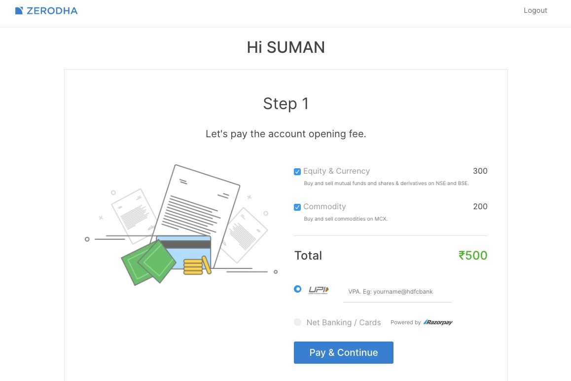 Charges of account opening at Zerodha