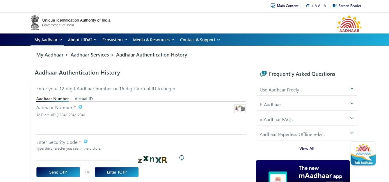 Steps to check Aadhaar authentication history online