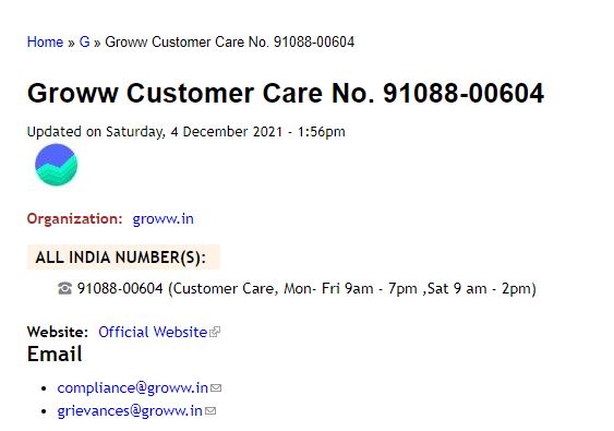 Groww Customer Care number