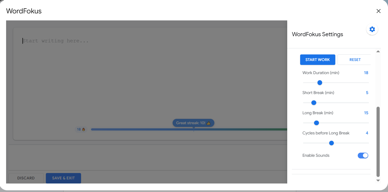 A screenshot of the WordFokus interface showing the integrated Pomodoro timer settings.