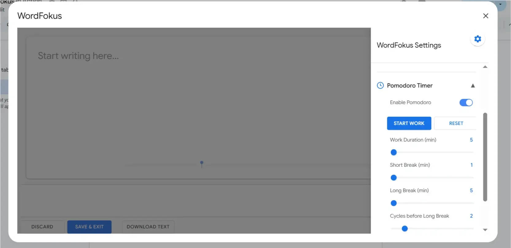 WordFokus Pomodoro Timer Settings