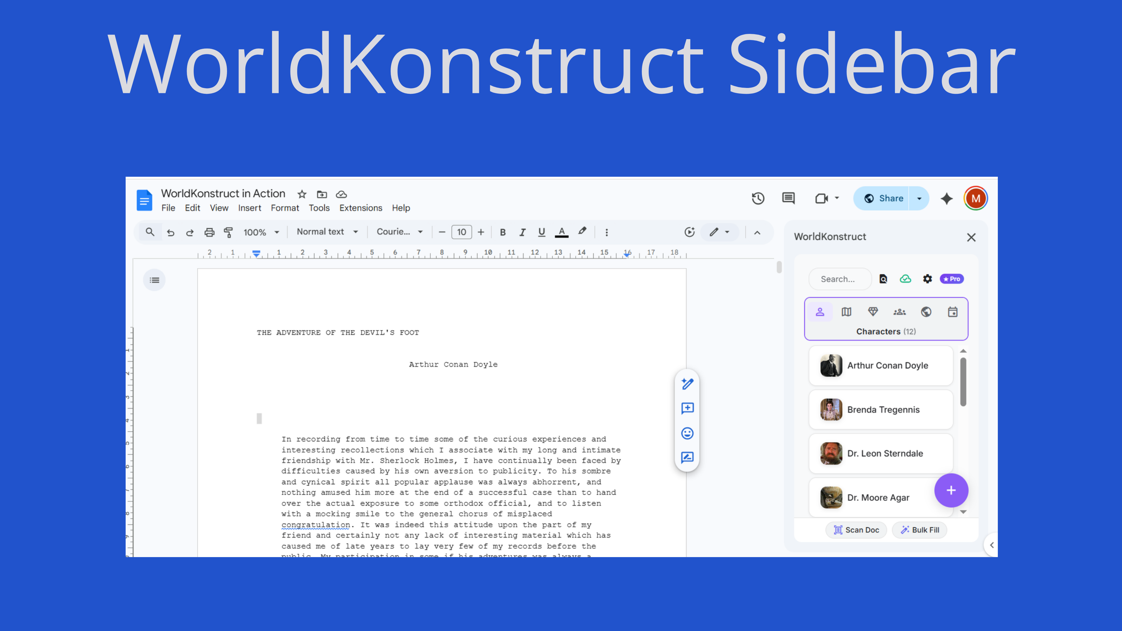 WorldKonstruct sidebar showing entries alongside a Google Doc manuscript