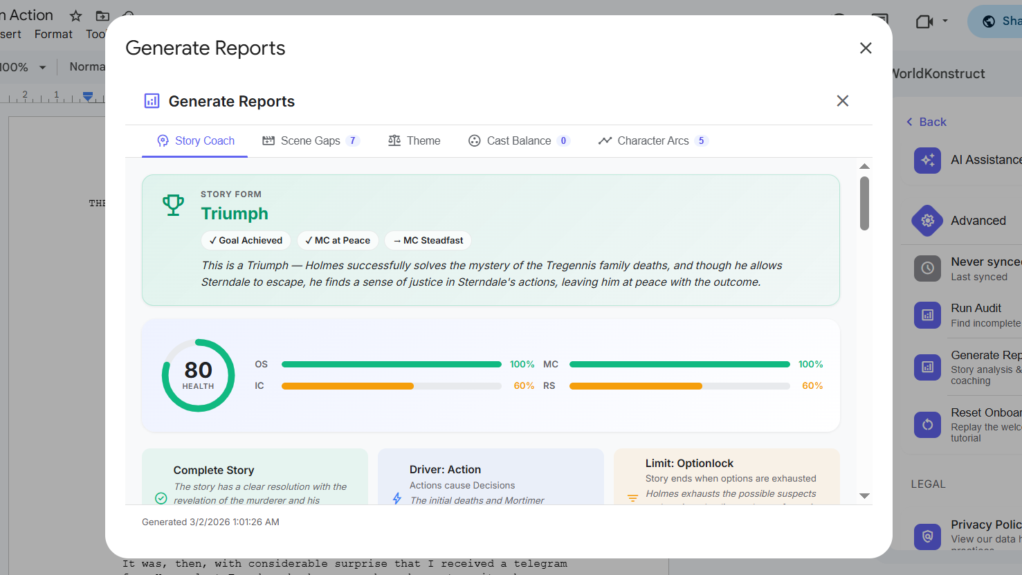Story Coach report with throughline coverage bars and scene gap suggestions
