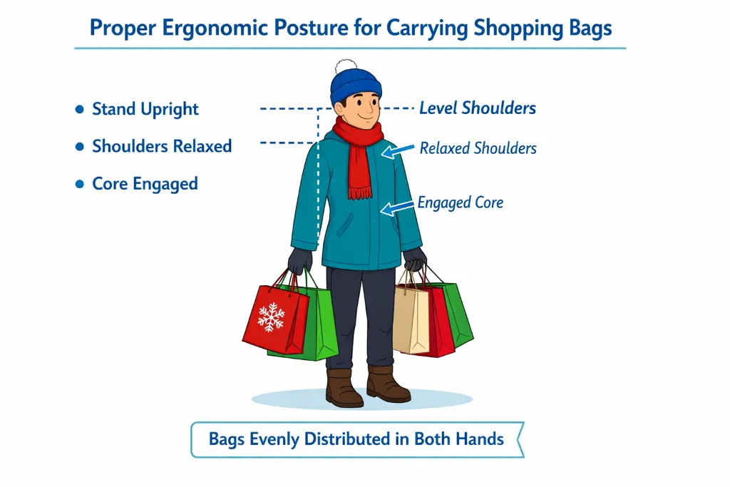 Person demonstrating proper ergonomic posture while carrying holiday shopping bags
