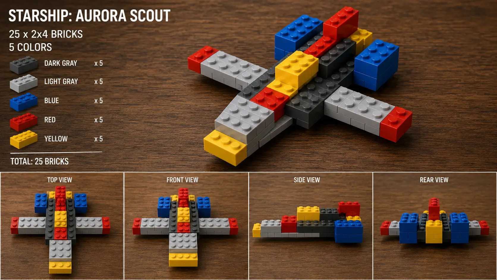 Prompt: Draw a starship using no more than twenty-five identical 2x4 classic Lego bricks in five colors.