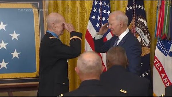 COVID-Exposed Biden Flouts White House Mask Rule As He Stands Just Inches Away From Elderly Medal Of Honor Vet