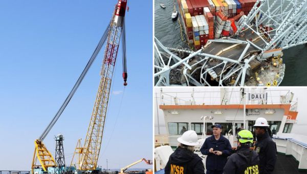 Fleet of massive cranes arrive at Baltimore’s Key Bridge to begin…