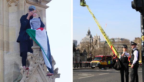 Man pictured scaling Big Ben carrying Palestine flag