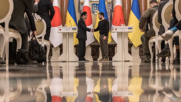 Japan’s leader visits Ukraine and criticizes Russia as a threat to world order.