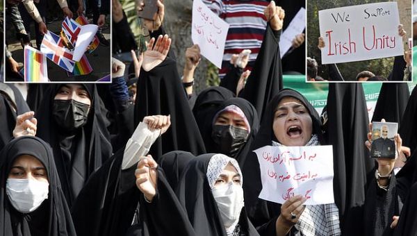 Iranian pro-regime students protest outside British embassy in Tehran