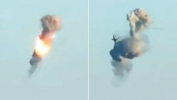 Russian helicopter explodes and crashes after being struck by missile