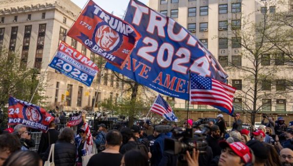 Thin crowd of pro-Trump supporters gathers outside hush money trial courthouse