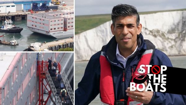 READY OR NOT, HERE THEY COME: First migrants board BARGE in Dorset in bid to ‘stop the boats’