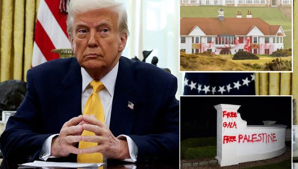 Trump’s Scottish golf resort vandalized with red paint and course dug up over his plan ‘to ethnically cleanse Gaza’