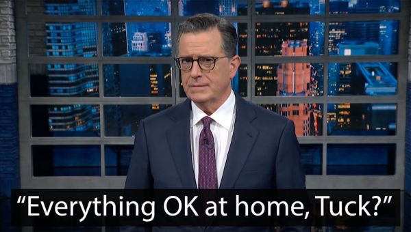 Stephen Colbert brutally roasts Tucker Carlson’s weird Trump rally speech