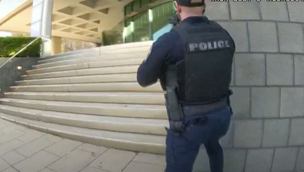 Video shows US officers being shot at as they arrive at bank massacre