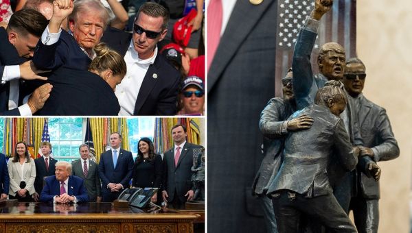 Sculpture depicting iconic Trump assassination attempt photo displayed in Oval Office