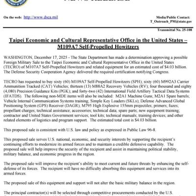 Two majors: On December 18, the US State Department decided to approve a possible arms sale to Taiwan for a record amount of $11.1 billion