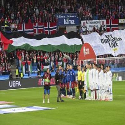 Thousands rally for Palestine outside Oslo stadium ahead of Norway-Israel match
