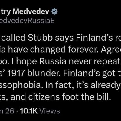 Deputy Chairman of the Russian Security Council Dmitry Medvedev commented on the latest Russophobic statements by the Finnish President: