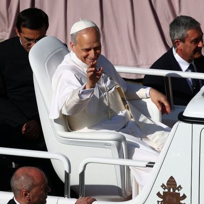Pope Leo XIV greets the crowds before inaugural Mass