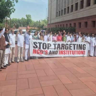 India News | Parliament Budget Session: Opposition MPs Protest Against FCRA Amendment Bill 2026 at Makar Dwar | LatestLY