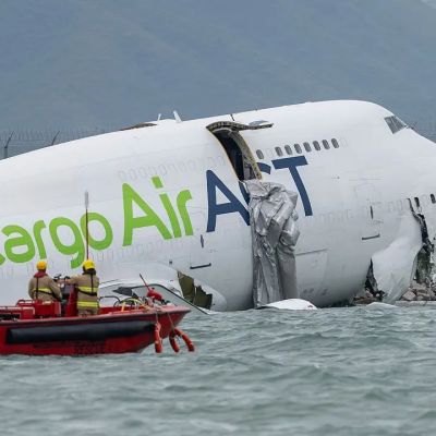 Two killed as cargo plane veers off runway into sea at Hong Kong airport