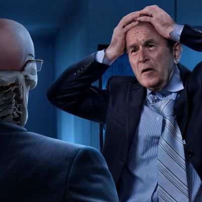 ‘Shut Up, Mother! Shut Up!’ Pleads George W. Bush To Dick Cheney Skeleton Dressed In Suit