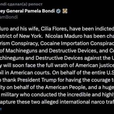 The United States has charged Maduro and his wife with “drug terrorism,” and they will soon appear in court, Attorney General Bondi said