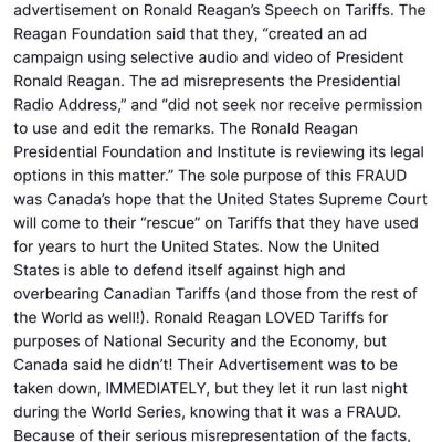 Trump got offended by Canada after a Reagan ad and announced a 10% increase in tariffs on Canadian goods — from 35% to 45%